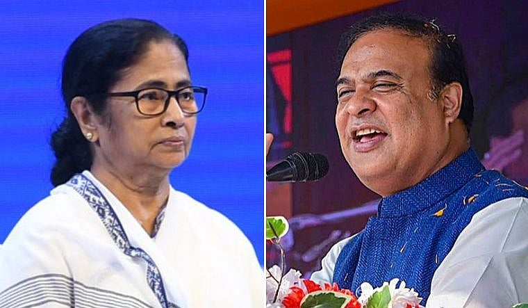 Assam CM Himanta Biswa Sarma (R) and Bengal CM Mamata Banerjee (L) - PTI